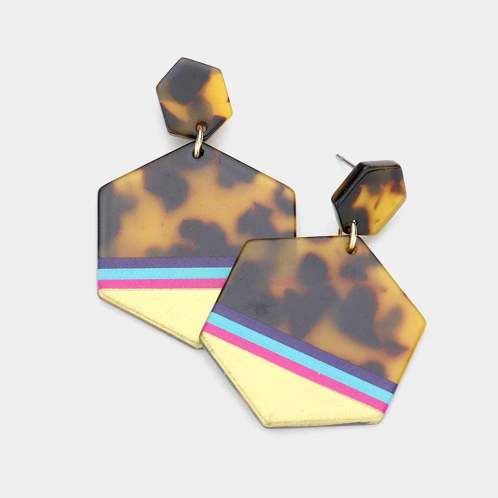 Striped Celluloid Acetate Tortoise Hexagon Dangle Earrings - Jewelry Store by Erik Rayo