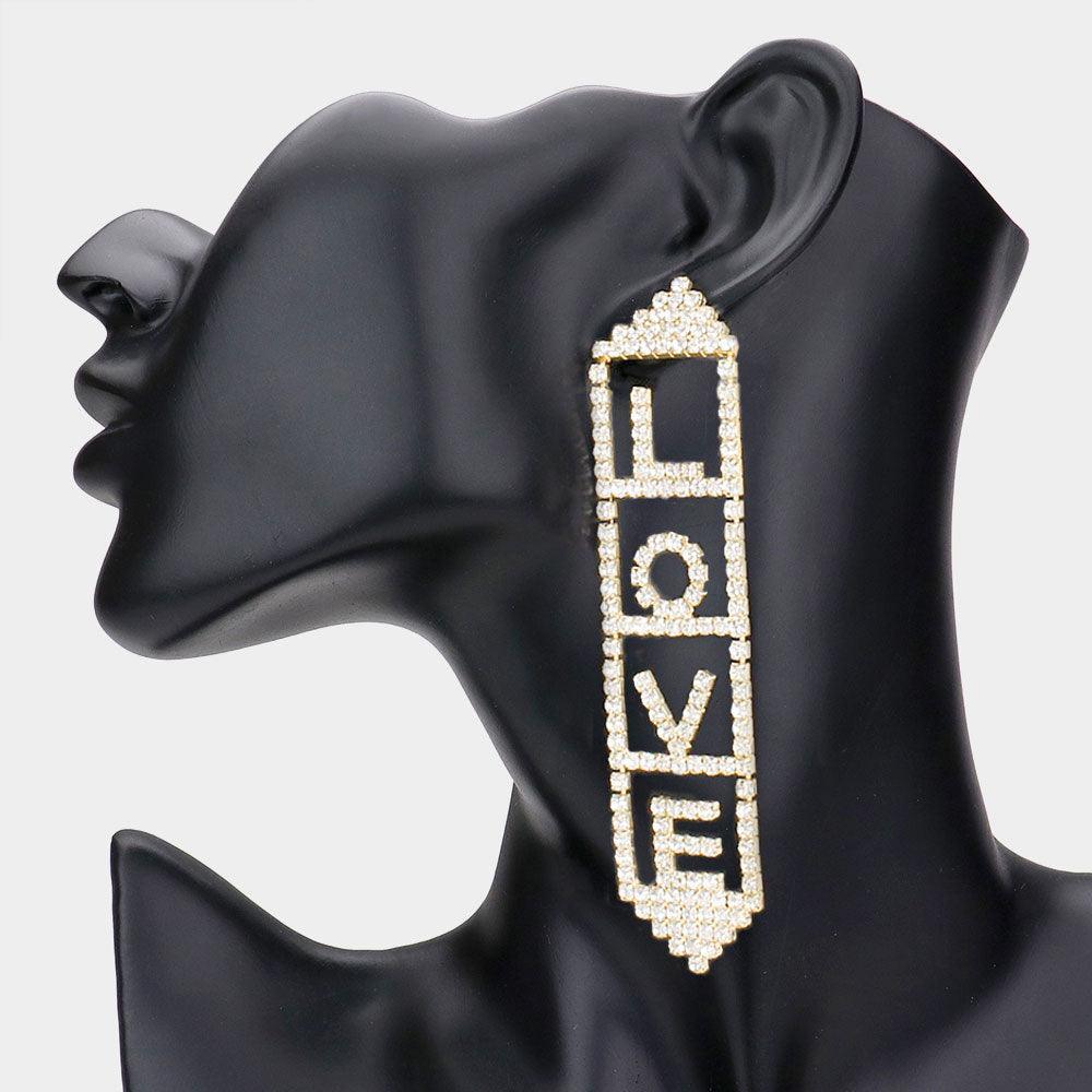 Gold LOVE Rhinestone Pave Message Earrings