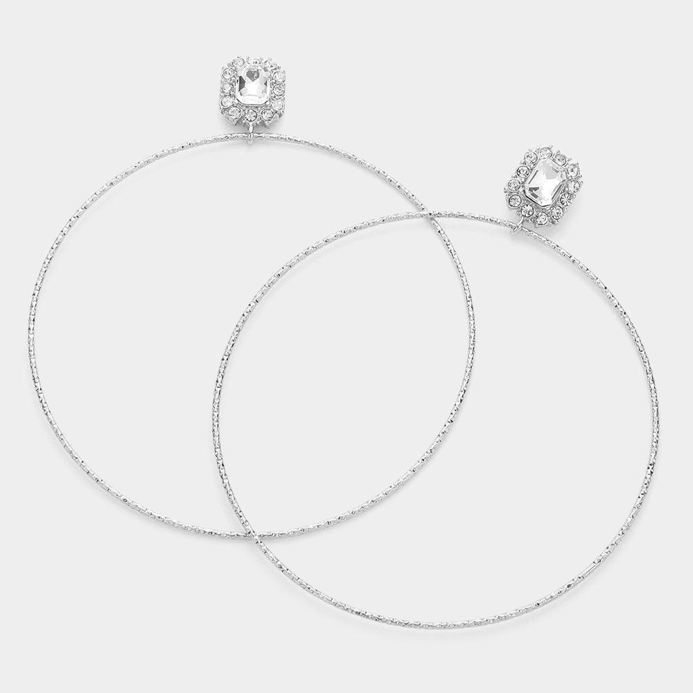 Silver Rectangle Rhinestone Cluster Textured Metal Open Circle Dangle Earrings - Jewelry Store by Erik Rayo