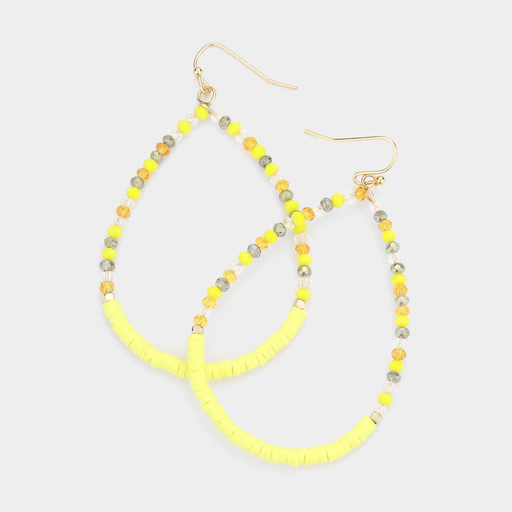 Yellow Heishi Faceted Beaded Open Teardrop Dangle Earrings