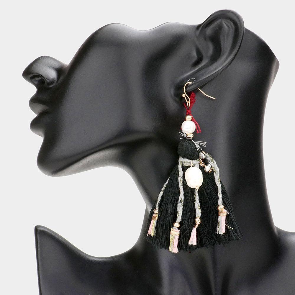 Black Boho Fresh Water Pearl Tassel Earrings - Jewelry Store by Erik Rayo