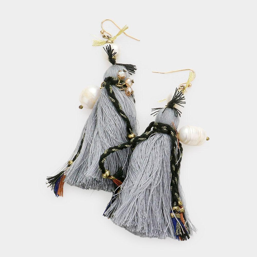 Gray Boho Fresh Water Pearl Tassel Earrings