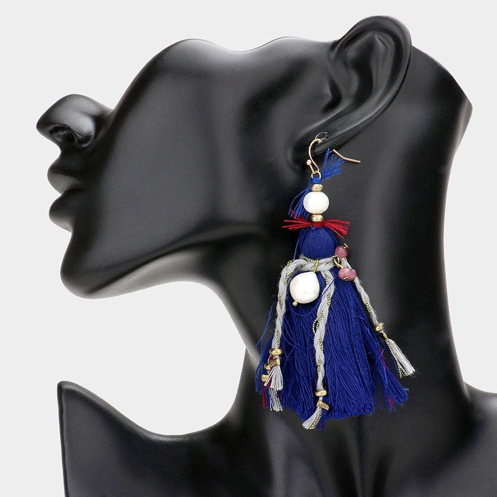 Blue Boho Fresh Water Pearl Tassel Earrings - Jewelry Store by Erik Rayo