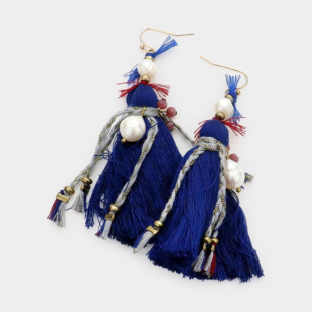 Blue Boho Fresh Water Pearl Tassel Earrings - Jewelry Store by Erik Rayo