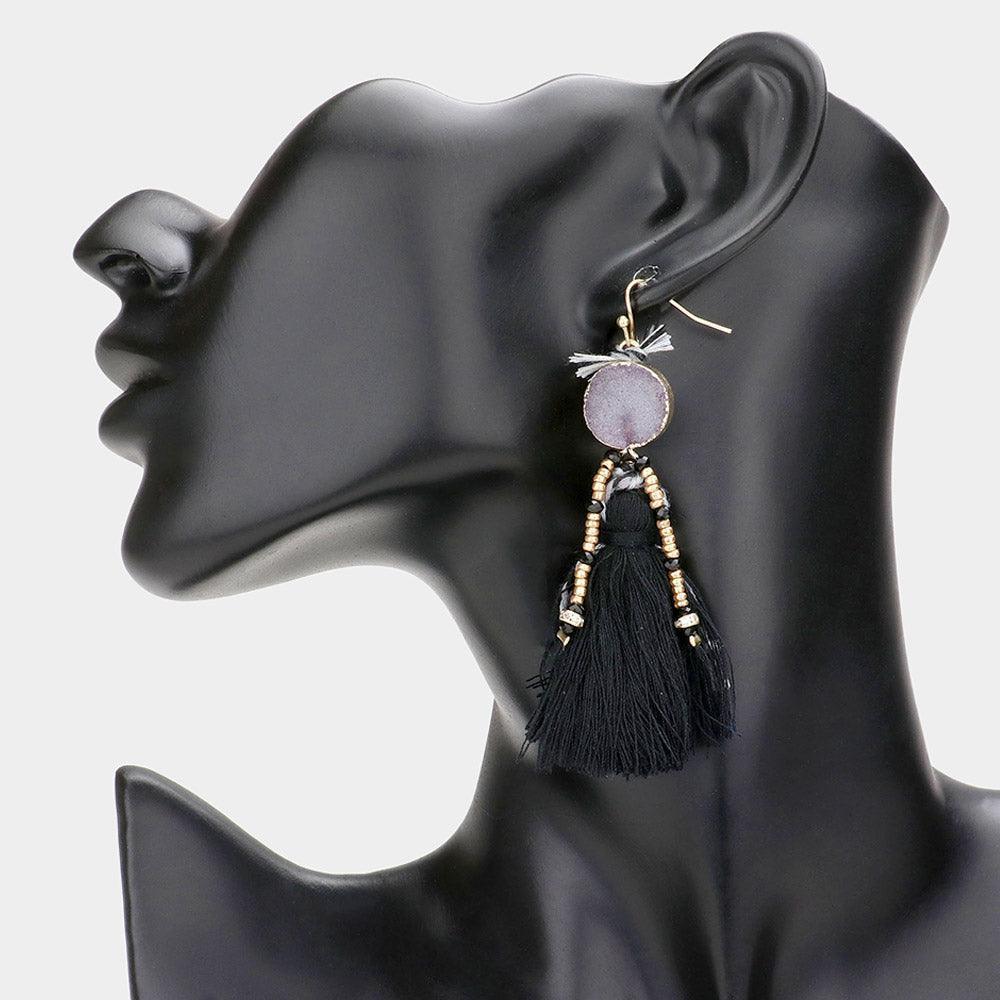 Black Boho Genuine Druzy Tassel Earrings - Jewelry Store by Erik Rayo