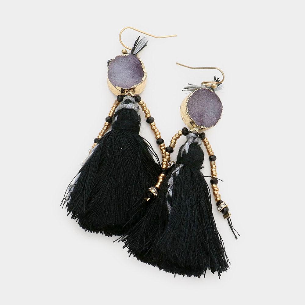 Black Boho Genuine Druzy Tassel Earrings - Jewelry Store by Erik Rayo