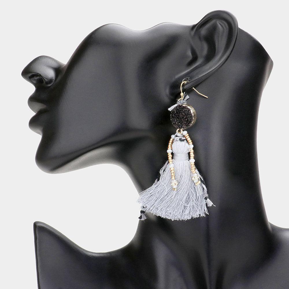 Gray Boho Genuine Druzy Tassel Earrings - Jewelry Store by Erik Rayo