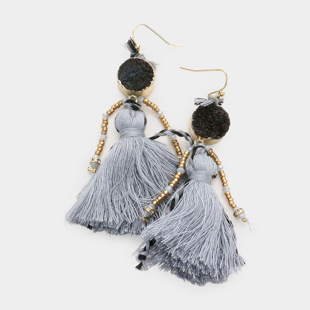 Gray Boho Genuine Druzy Tassel Earrings