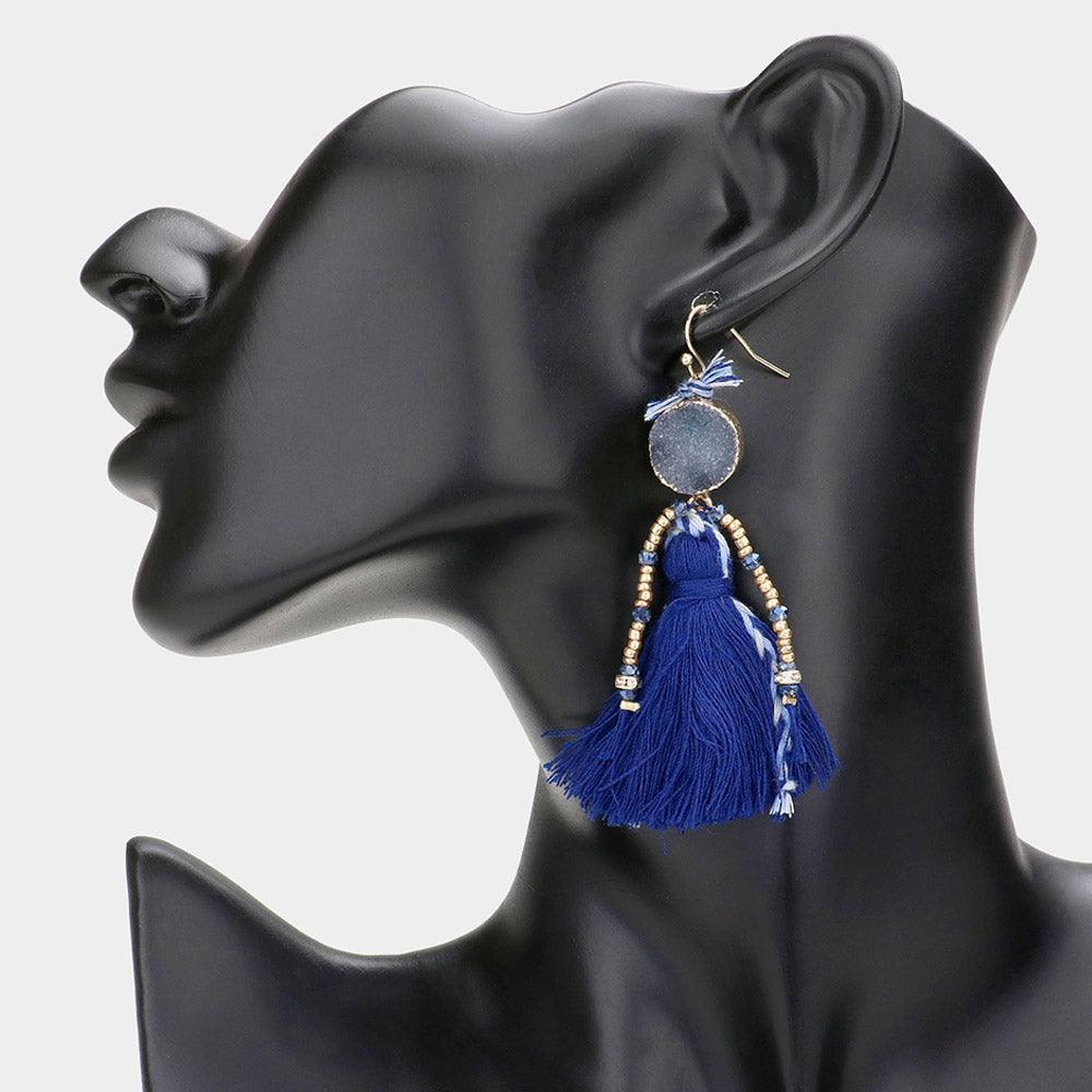 Blue Boho Genuine Druzy Tassel Earrings - Jewelry Store by Erik Rayo