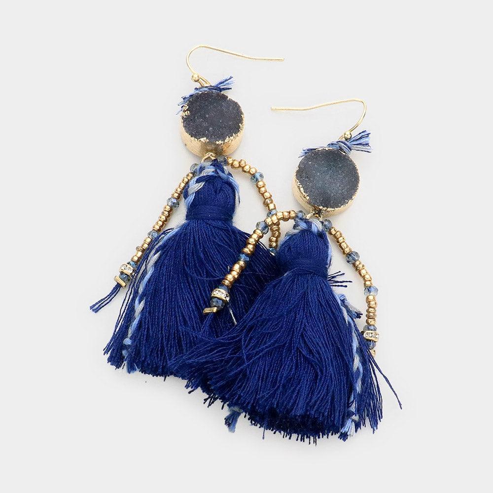 Blue Boho Genuine Druzy Tassel Earrings - Jewelry Store by Erik Rayo