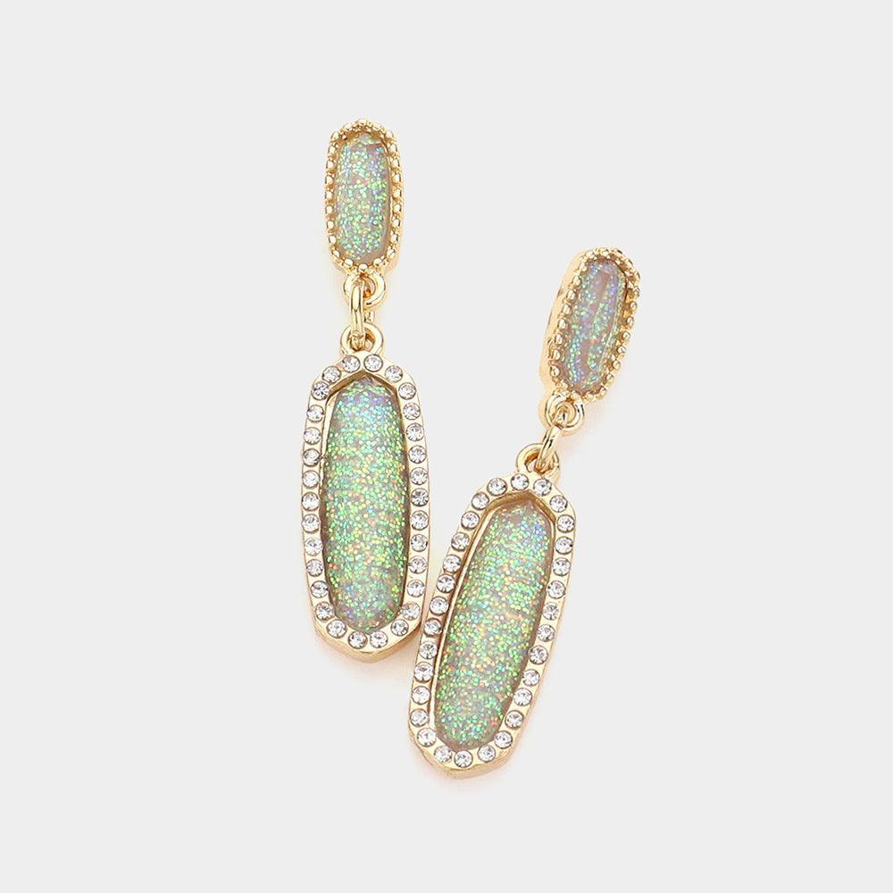 Silver Stone Paved Around Oval Dangle Earrings