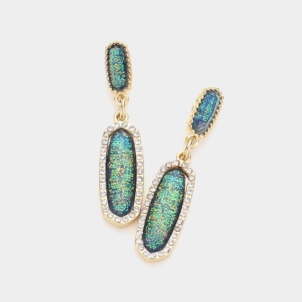 Gold Stone Paved Around Oval Dangle Earrings