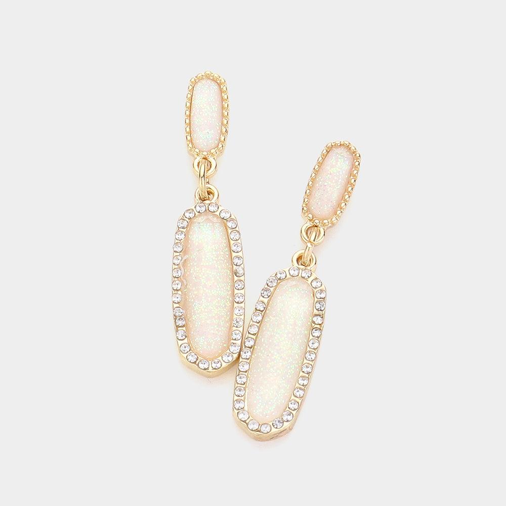 White Stone Paved Around Oval Dangle Earrings