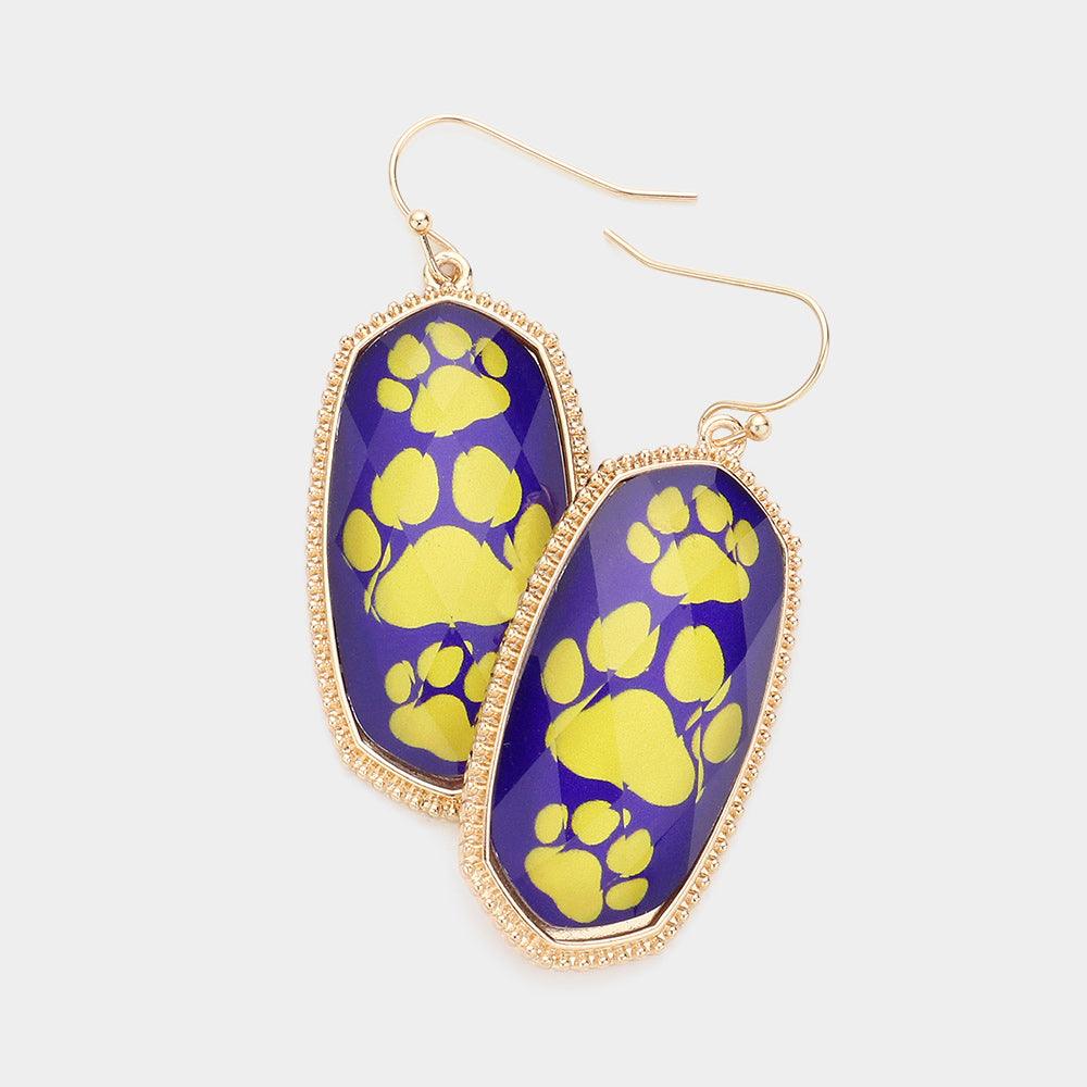 Yellow Game Day Triple Paw Pointed Hexagon Dangle Earrings