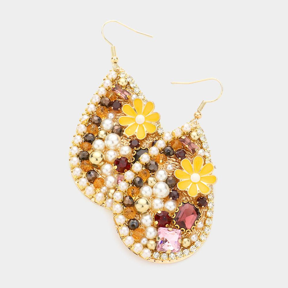 Yellow Pearl Flower Stone Bead Embellished Teardrop Dangle Earrings