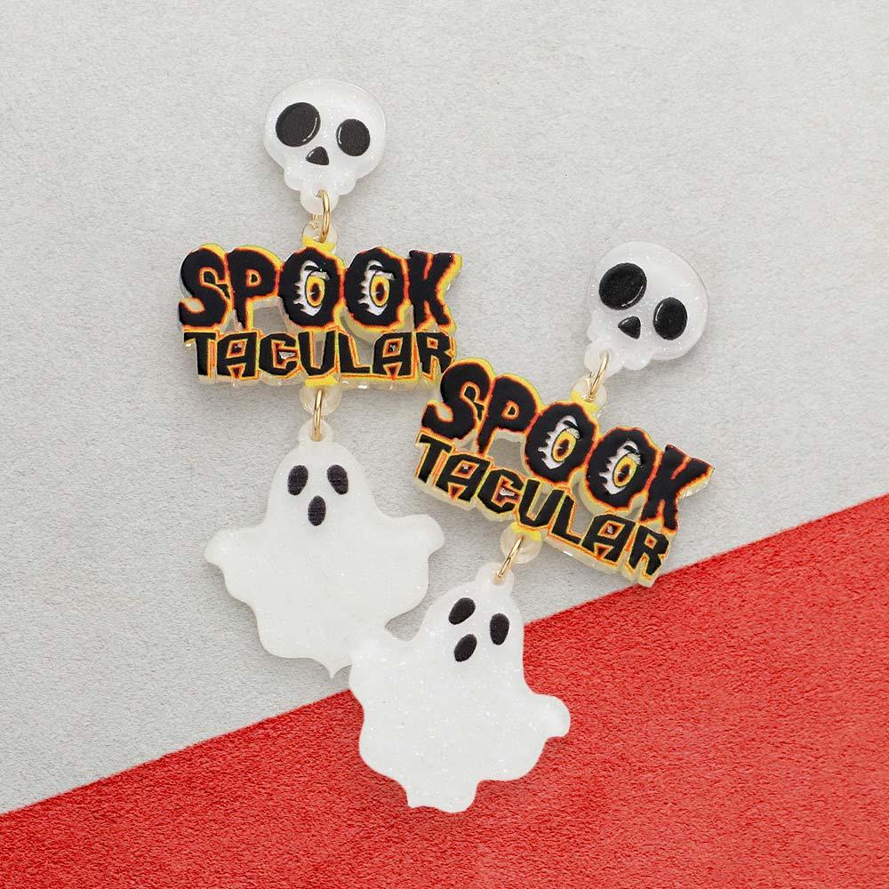 White Spooktacular Message Glittered Resin Skull Ghost Link Dangle Earrings