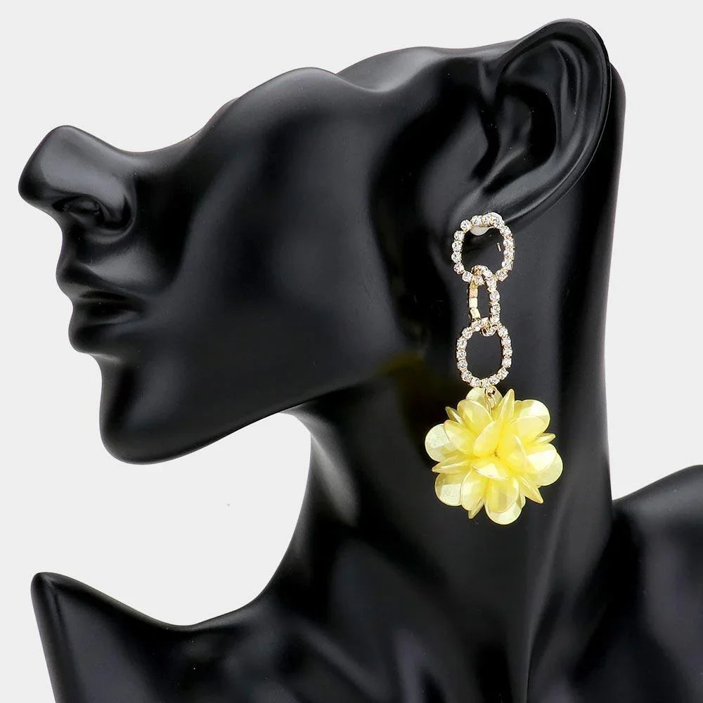 Yellow Rhinestone Embellished Metal Link Teardrop Bead Cluster Ball Dangle Earrings - Jewelry Store by Erik Rayo
