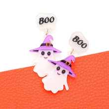 Load image into Gallery viewer, White Boo Message Glittered Witch Hat Ghost Link Dangle Earrings
