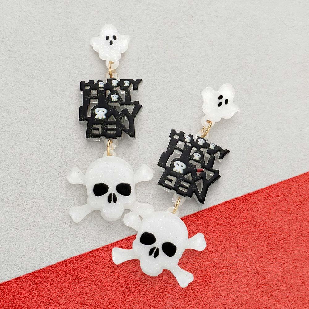 White Happy Halloween Message Glittered Resin Ghost Skull Link Dangle Earrings