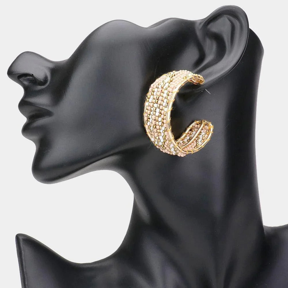 Pink Boho Seed Beaded Hoop Earrings - Jewelry Store by Erik Rayo