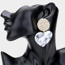 Load image into Gallery viewer, White Rhinestone Embellished Round Celluloid Acetate Heart Link Dangle Earrings
