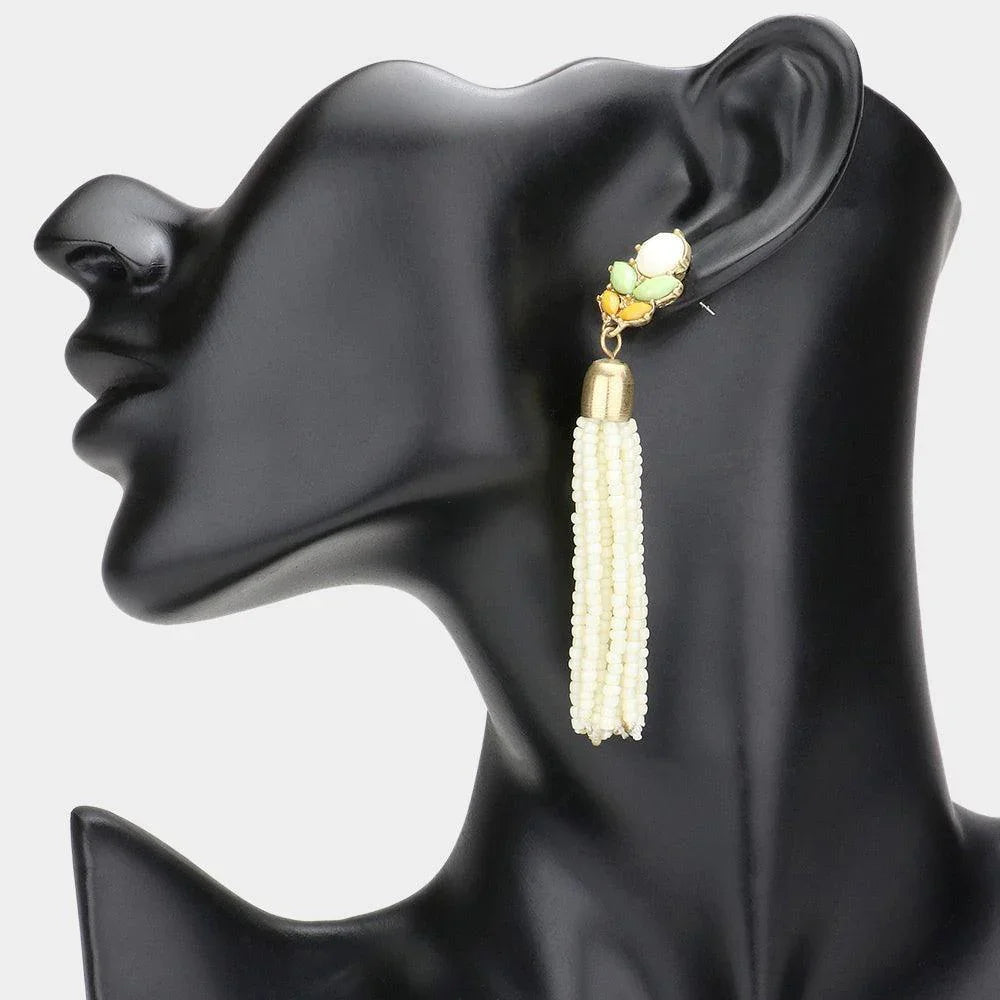 Cream Flower Seed Bead Tassel Earring - Jewelry Store by Erik Rayo