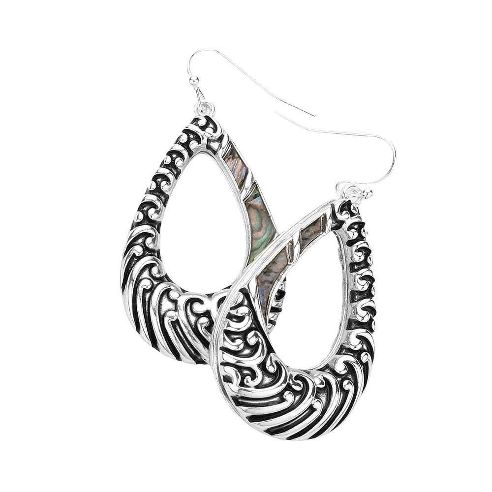 Abalone Pointed Embossed Open Metal Teardrop Dangle Earrings - Jewelry Store by Erik Rayo