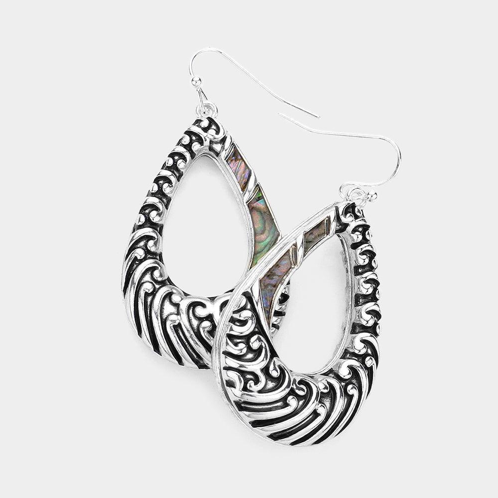 Abalone Pointed Embossed Open Metal Teardrop Dangle Earrings - Jewelry Store by Erik Rayo