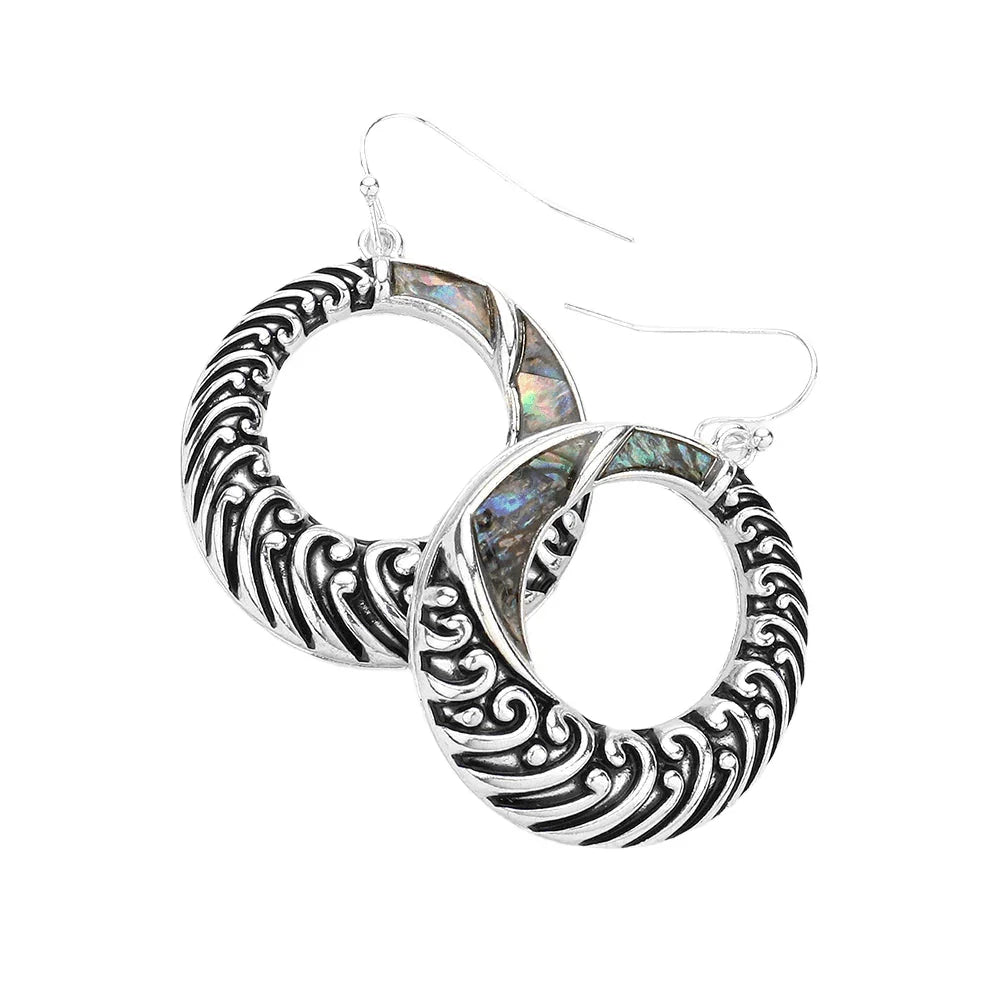 Abalone Pointed Embossed Open Metal Circle Dangle Earrings - Jewelry Store by Erik Rayo