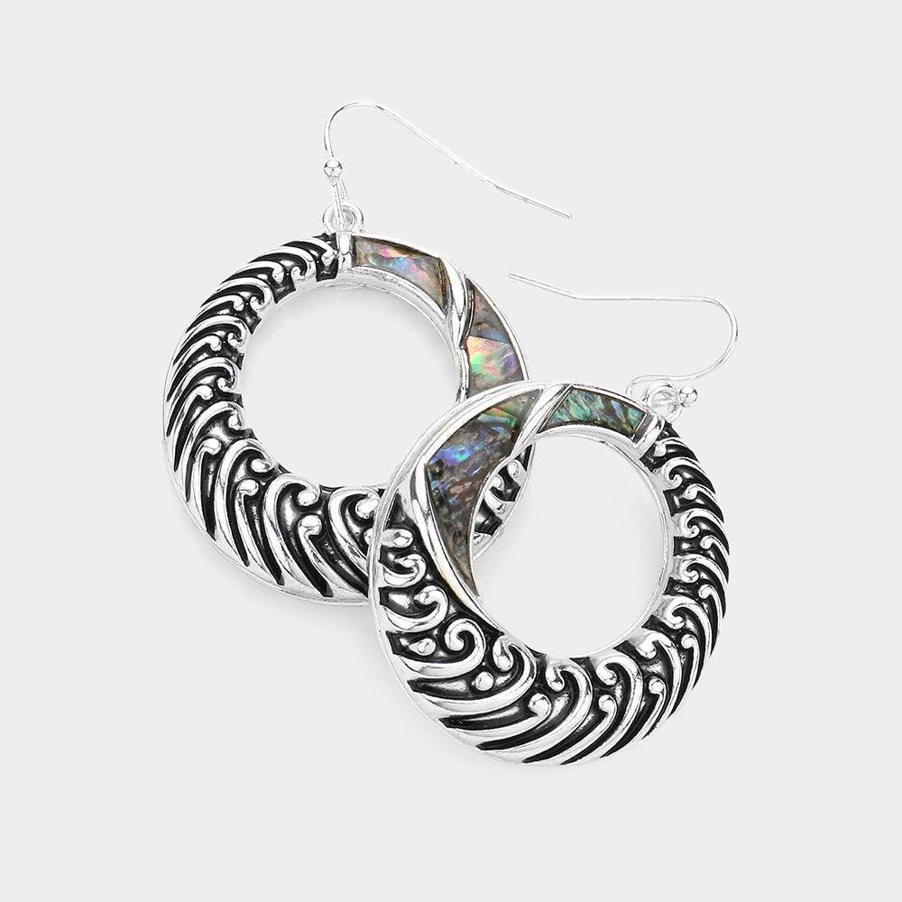 Abalone Pointed Embossed Open Metal Circle Dangle Earrings - Jewelry Store by Erik Rayo