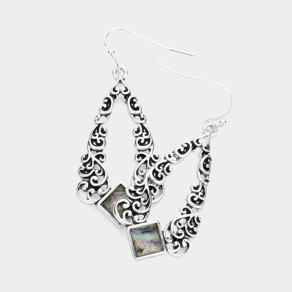 Abalone Pointed Antique Patterned Open Teardrop Dangle Earrings - Jewelry Store by Erik Rayo