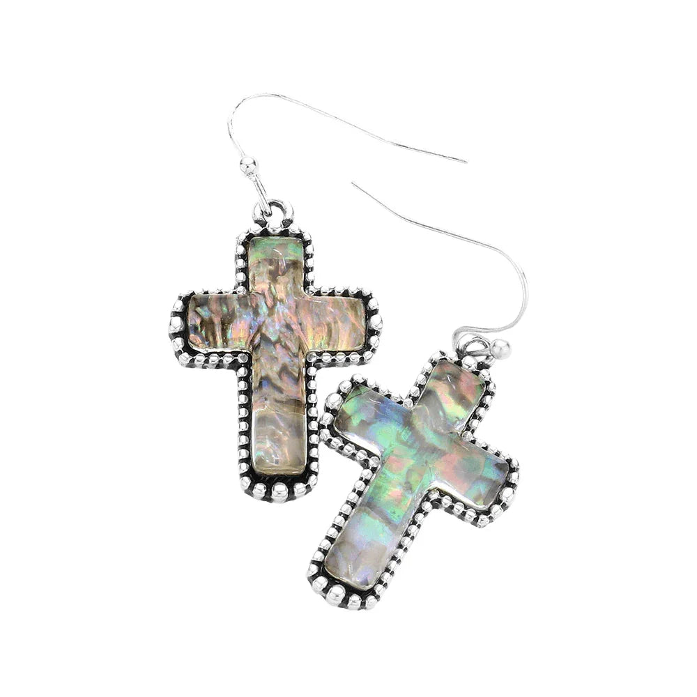 Bubble Trimmed Abalone Cross Dangle Earrings - Jewelry Store by Erik Rayo