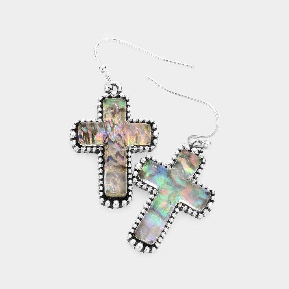Bubble Trimmed Abalone Cross Dangle Earrings - Jewelry Store by Erik Rayo