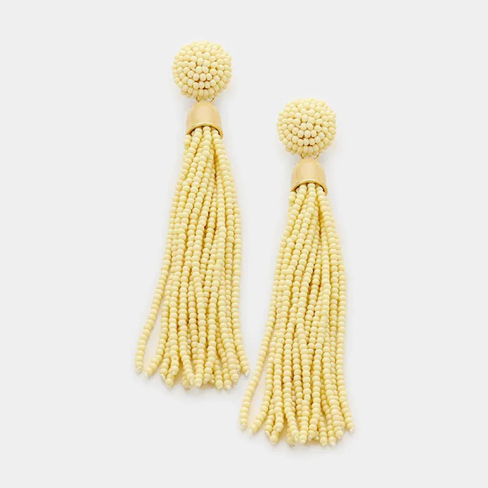Beige Beaded Tassel Dangle Earrings - Jewelry Store by Erik Rayo