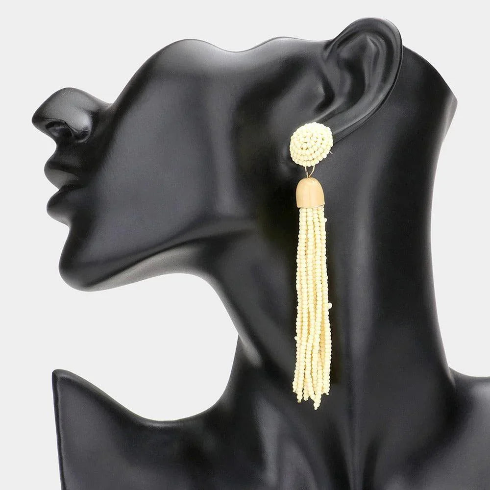 Beige Beaded Tassel Dangle Earrings - Jewelry Store by Erik Rayo