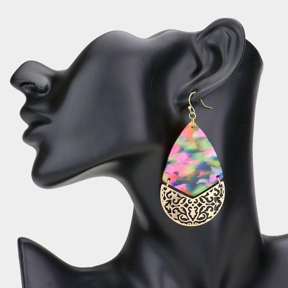 Celluloid Acetate Accented Filigree Metal Link Teardrop Dangle Earrings - Jewelry Store by Erik Rayo