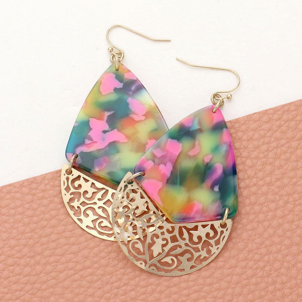 Celluloid Acetate Accented Filigree Metal Link Teardrop Dangle Earrings - Jewelry Store by Erik Rayo