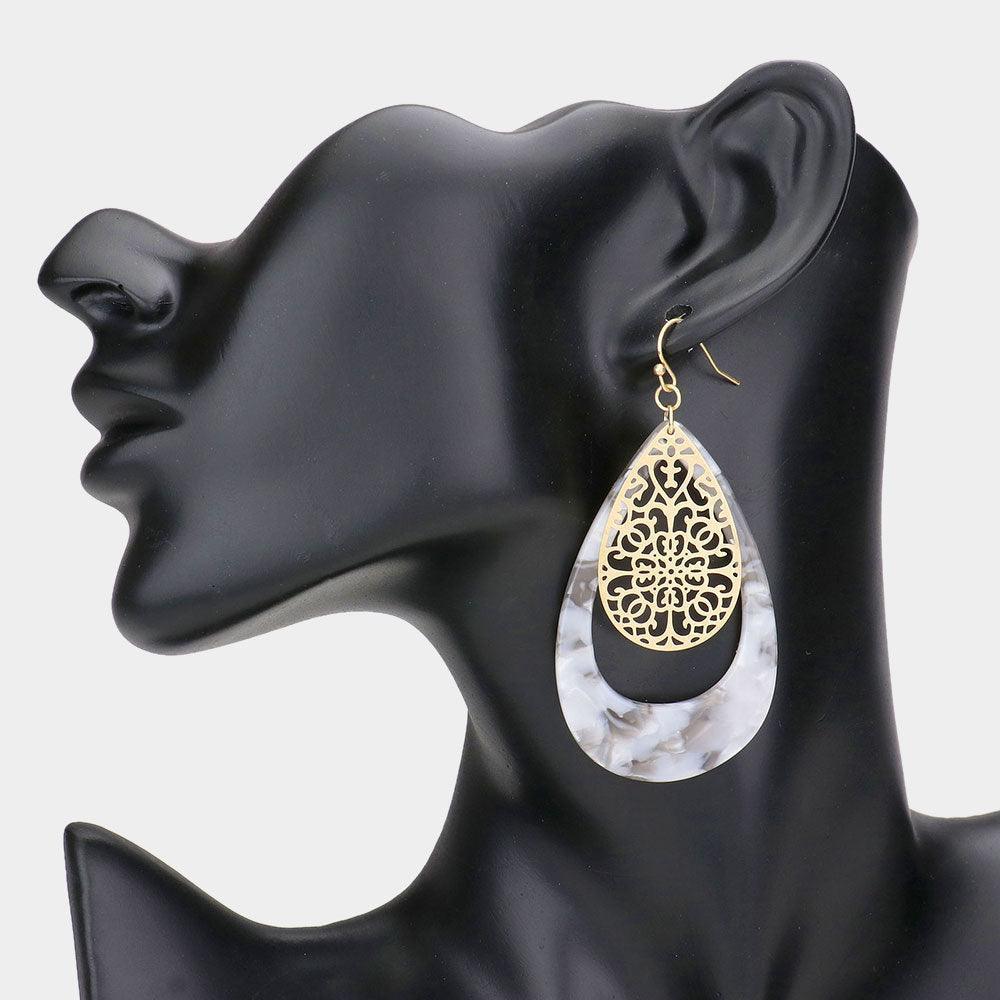 Filigree Metal Teardrop Open Celluloid Acetate Layered Dangle Earrings - Jewelry Store by Erik Rayo