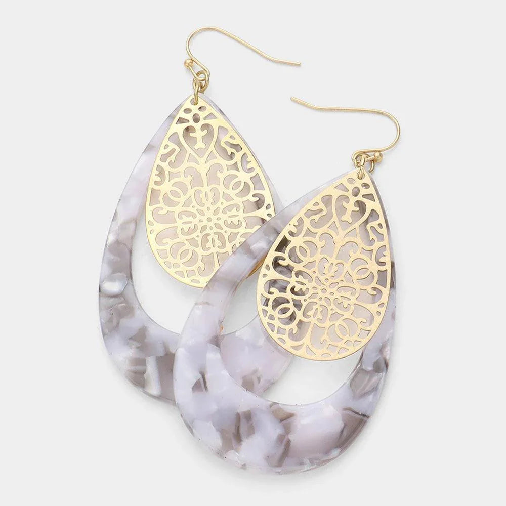 Filigree Metal Teardrop Open Celluloid Acetate Layered Dangle Earrings - Jewelry Store by Erik Rayo