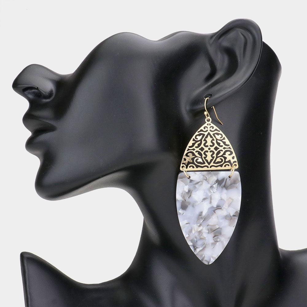 Filigree Metal Celluloid Acetate Link Marquise Dangle Earrings - Jewelry Store by Erik Rayo
