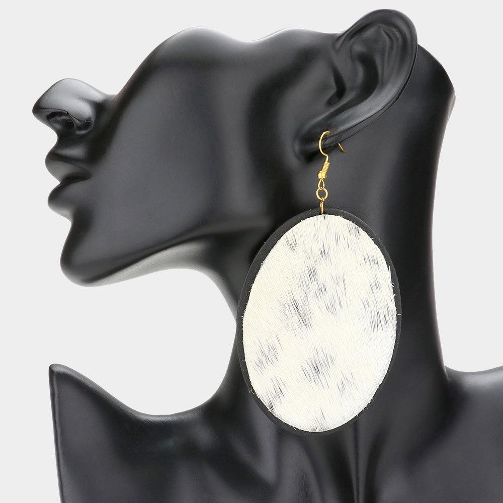 White Cow Patterned Genuine Fur Calf Oval Dangle Earrings