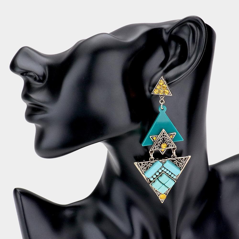 Gold Rhinestone Turquoise Embellished Triple Triangle Link Dangle Earrings - Jewelry Store by Erik Rayo