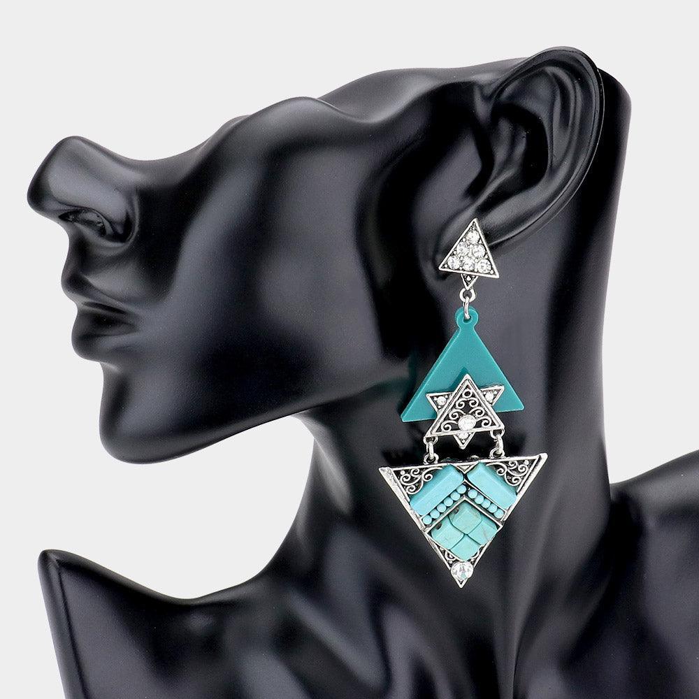 Silver Rhinestone Turquoise Embellished Triple Triangle Link Dangle Earrings - Jewelry Store by Erik Rayo