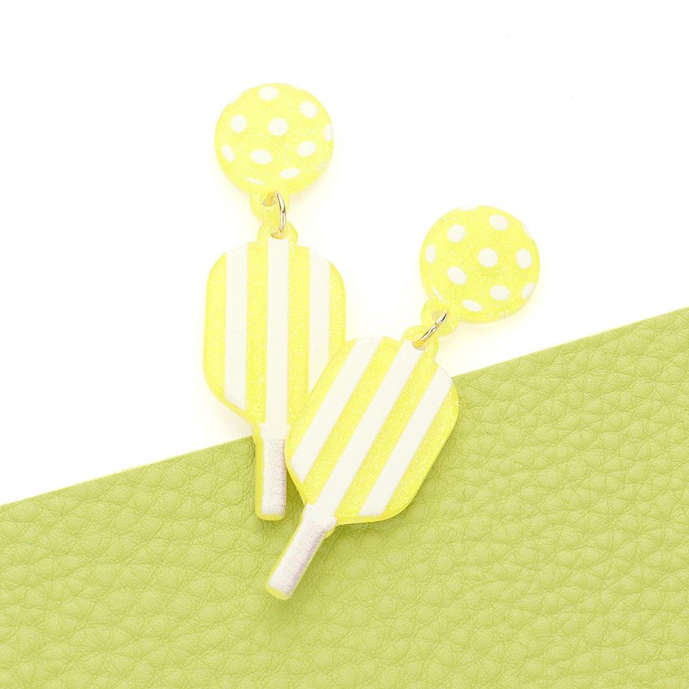 Yellow Resin Pickleball Paddle Dangle Earrings