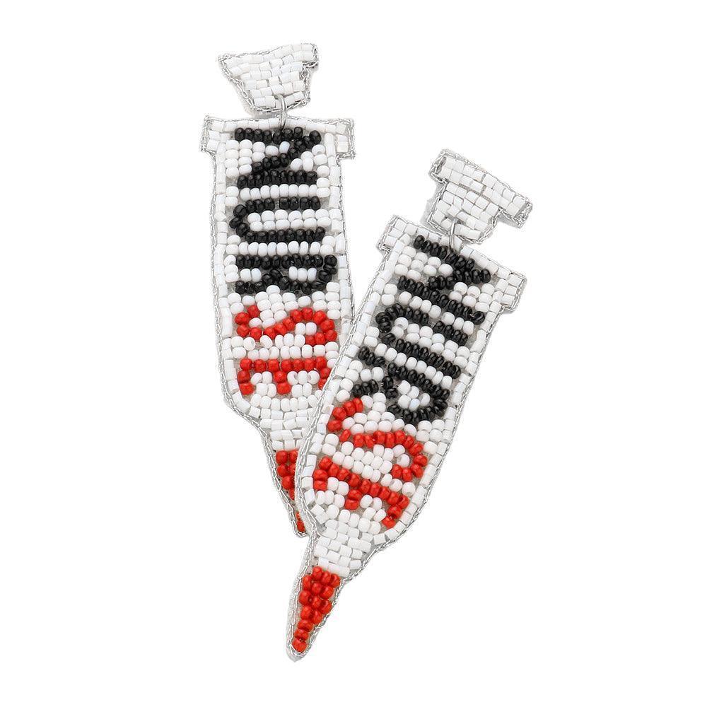 Felt Back Nurse Message Seed Beaded Syringe Dangle Earrings - Jewelry Store by Erik Rayo