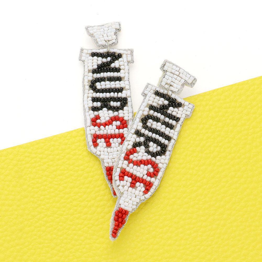 Felt Back Nurse Message Seed Beaded Syringe Dangle Earrings - Jewelry Store by Erik Rayo