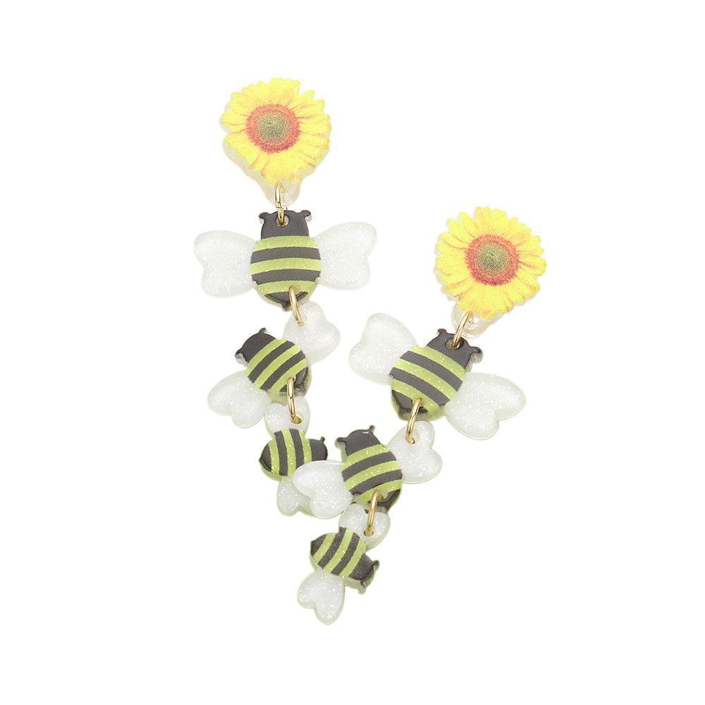 Yellow Sunflower Bumble Bee Resin Dropdown Earrings - Jewelry Store by Erik Rayo