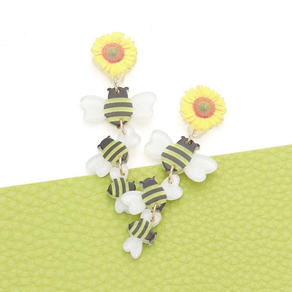 Yellow Sunflower Bumble Bee Resin Dropdown Earrings - Jewelry Store by Erik Rayo