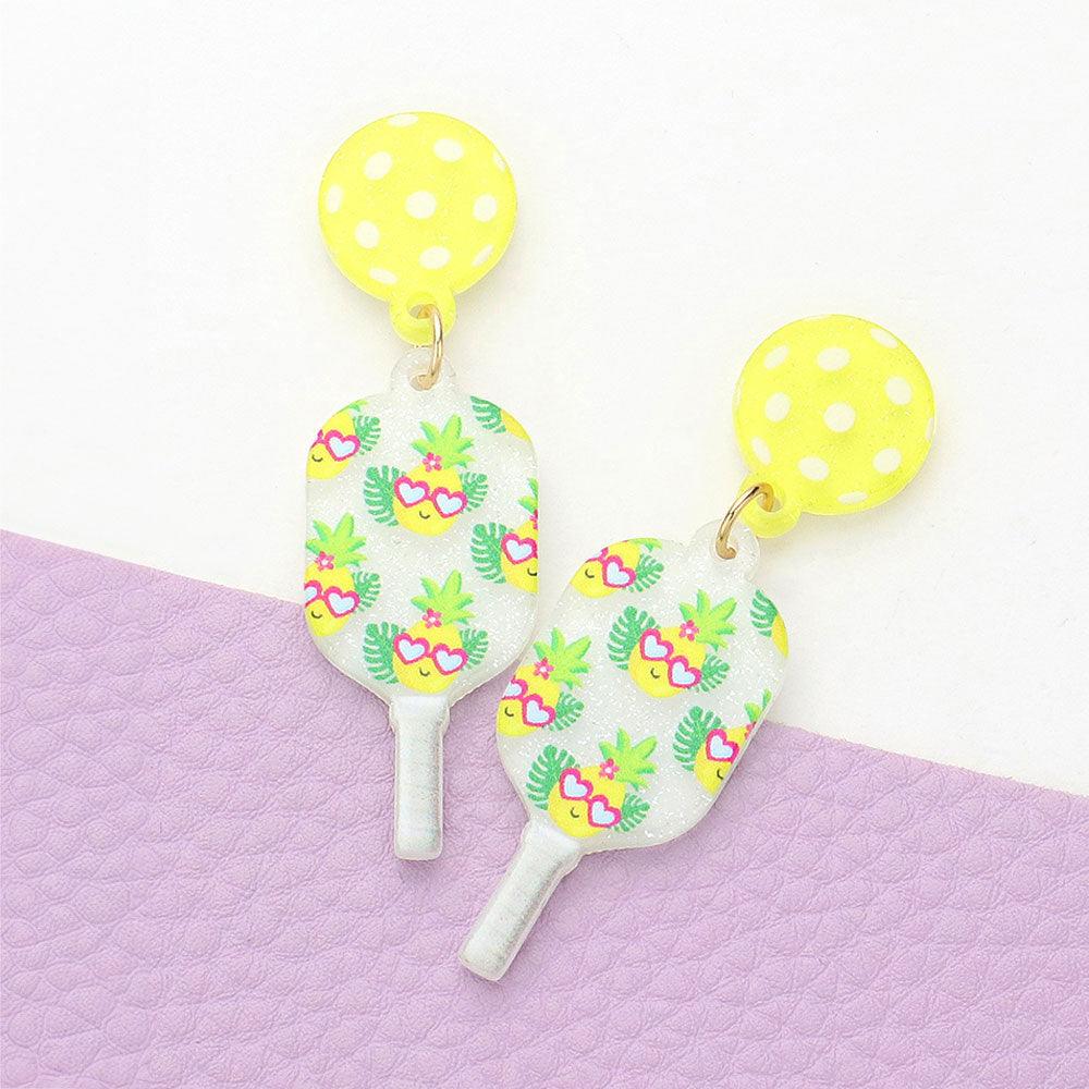 White Resin Flower Printed Pickleball  Paddle Dangle Earrings