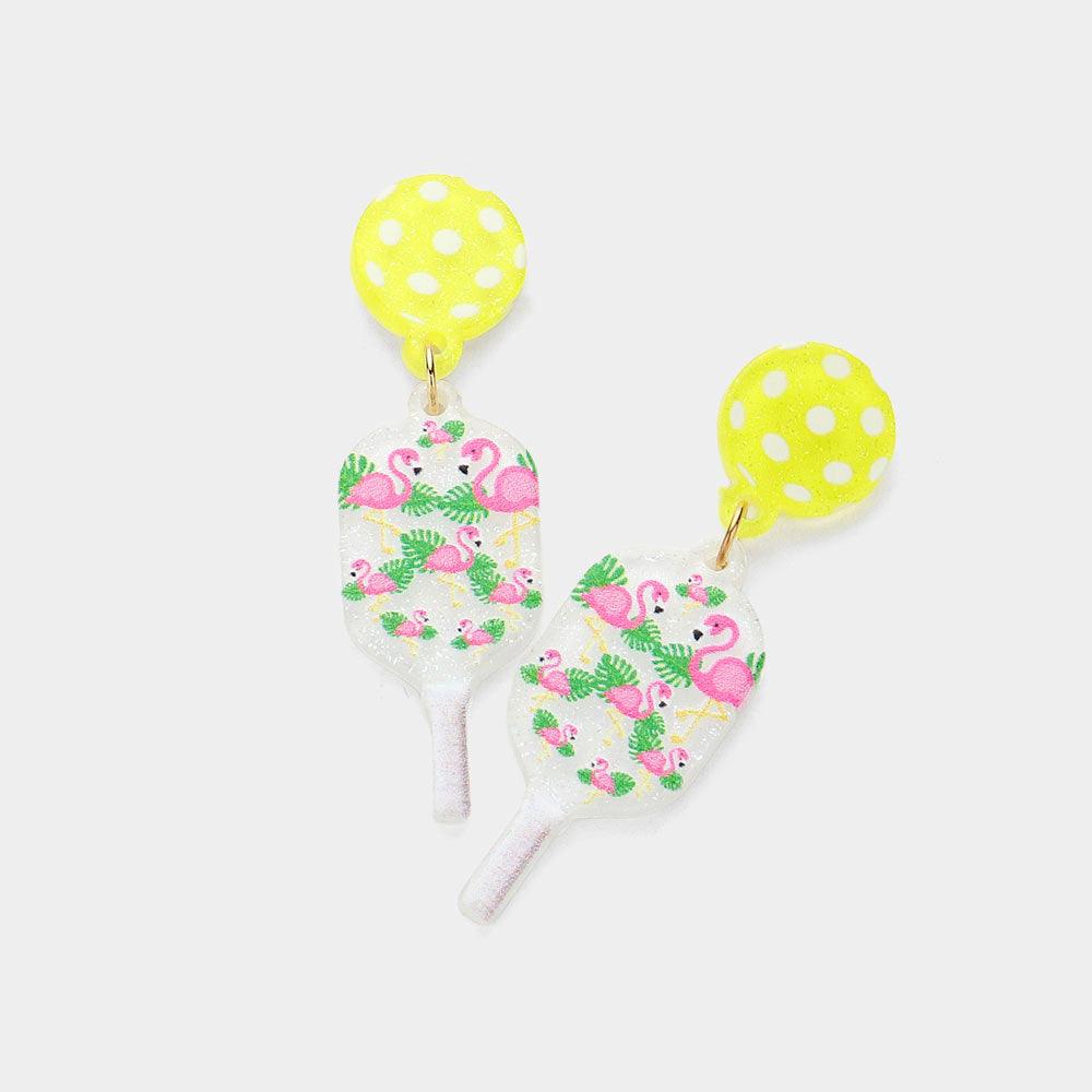 White Resin Flamingo Printed Pickleball Racket Dangle Earrings